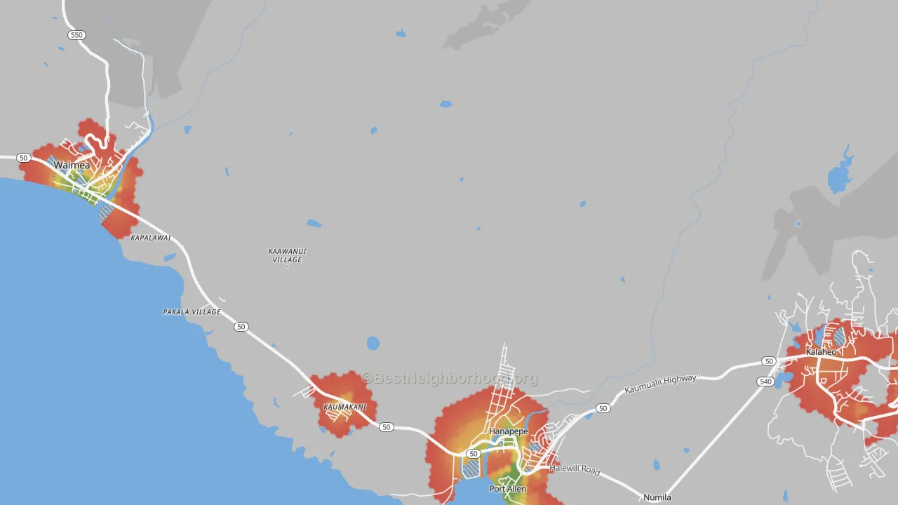 Walk Grade map of Hanapepe Heights, HI, walkable areas in green and car-dependent areas in red