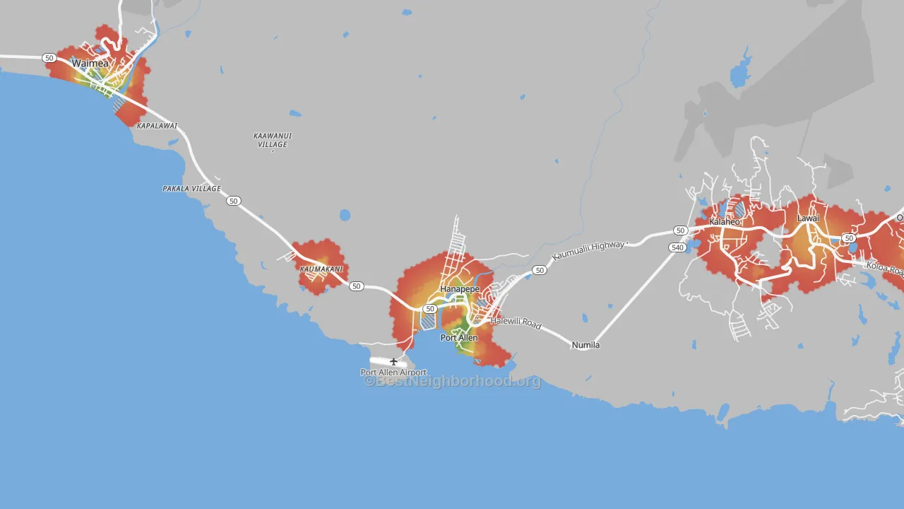 Walk Grade map of Hanapepe, HI, walkable areas in green and car-dependent areas in red