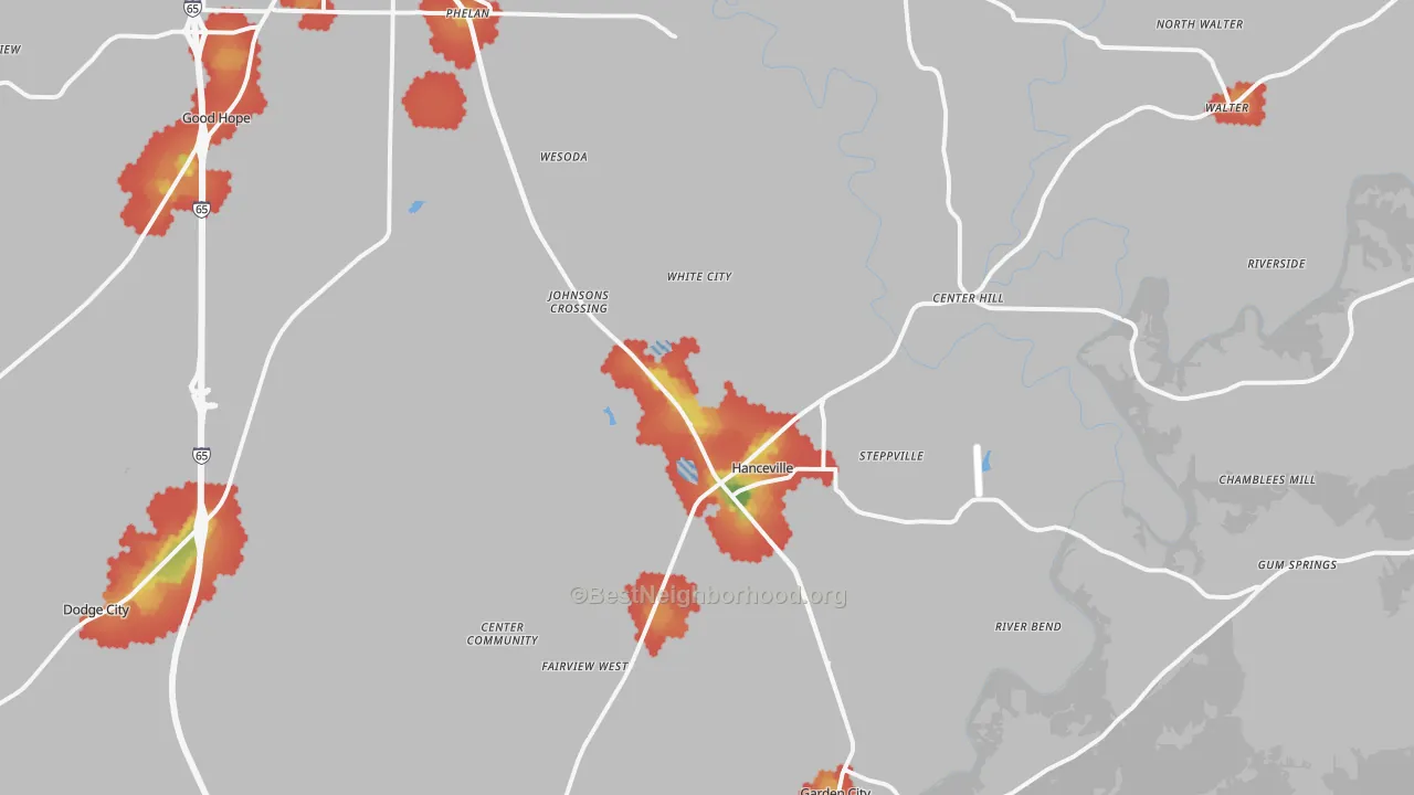 Walk Grade map of Hanceville, AL, walkable areas in green and car-dependent areas in red