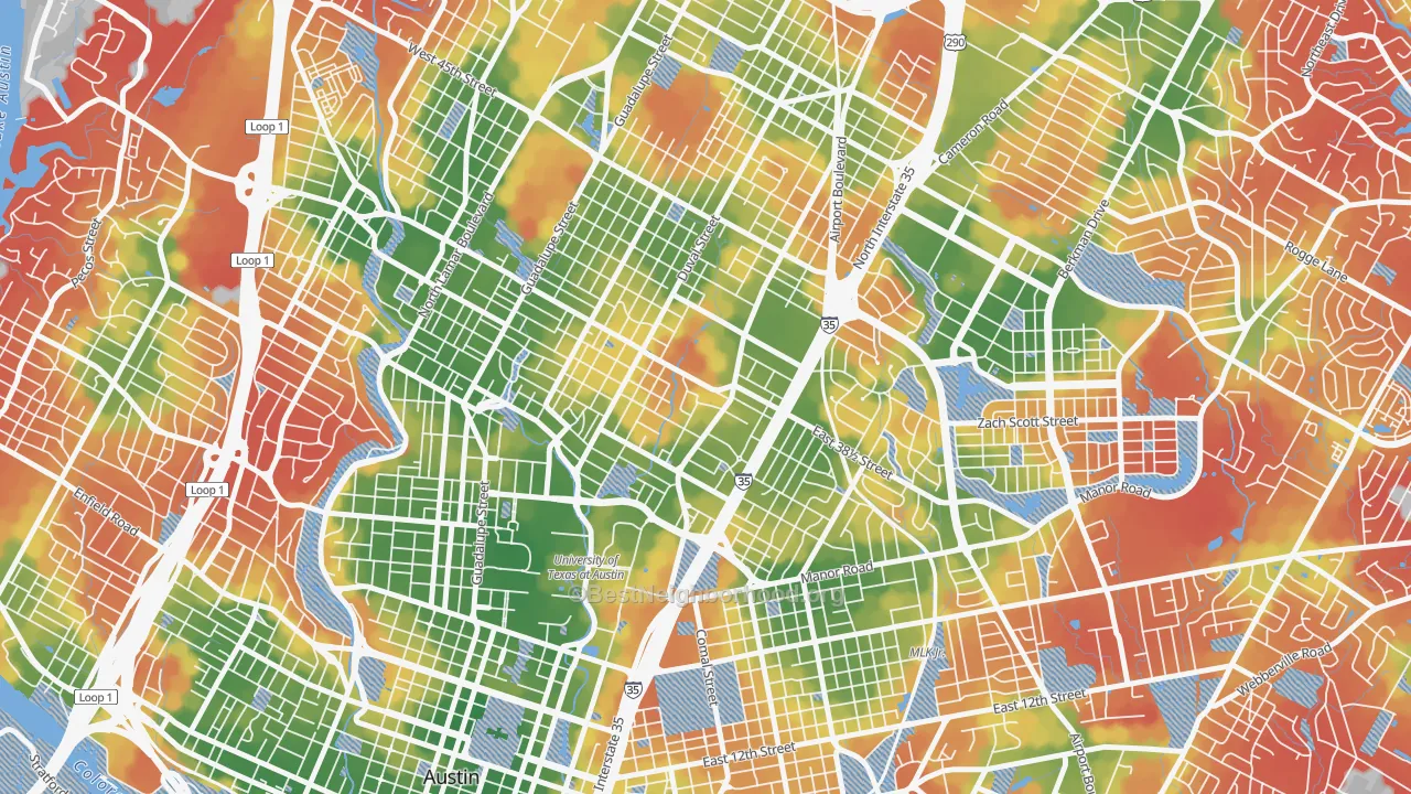 Walk Grade map of Hancock, Austin, TX, walkable areas in green and car-dependent areas in red