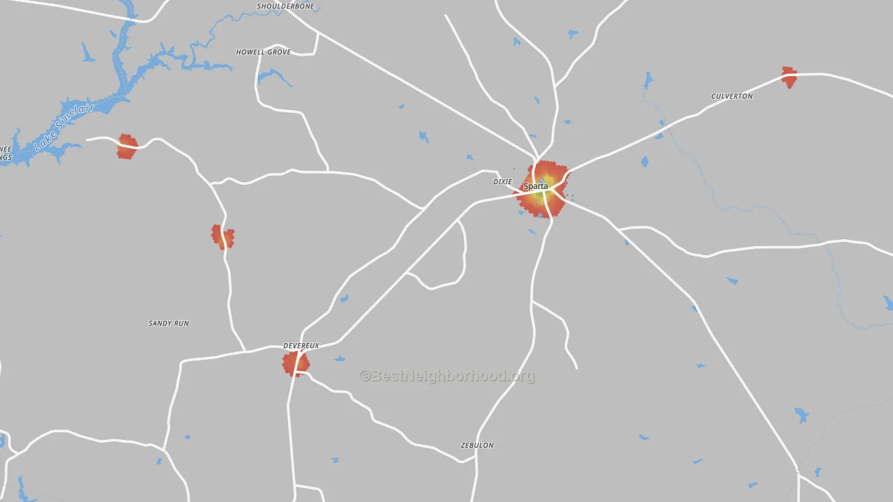 Walk Grade map of Hancock County, GA, walkable areas in green and car-dependent areas in red