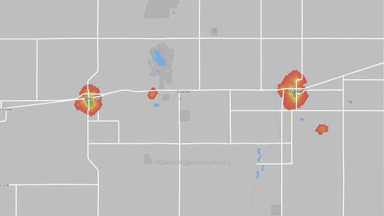 Walk Grade map of Hancock County, IA, walkable areas in green and car-dependent areas in red