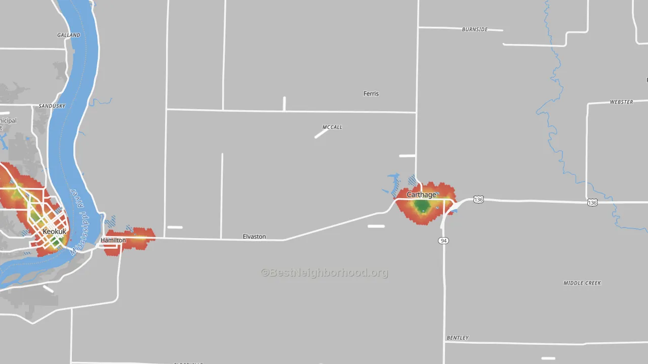 Walk Grade map of Hancock County, IL, walkable areas in green and car-dependent areas in red