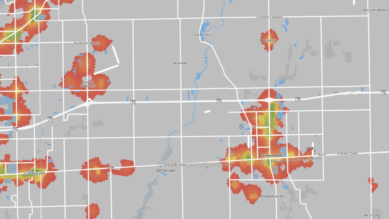 Walk Grade map of Hancock County, IN, walkable areas in green and car-dependent areas in red