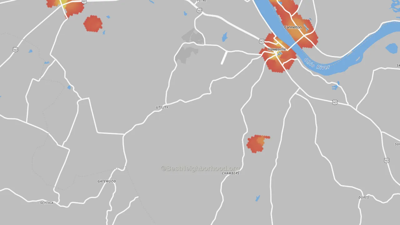 Walk Grade map of Hancock County, KY, walkable areas in green and car-dependent areas in red