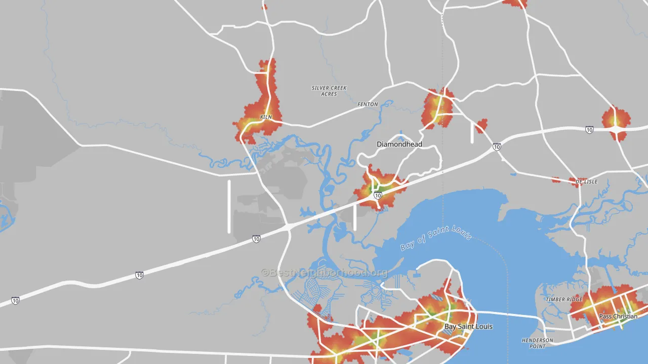 Walk Grade map of Hancock County, MS, walkable areas in green and car-dependent areas in red