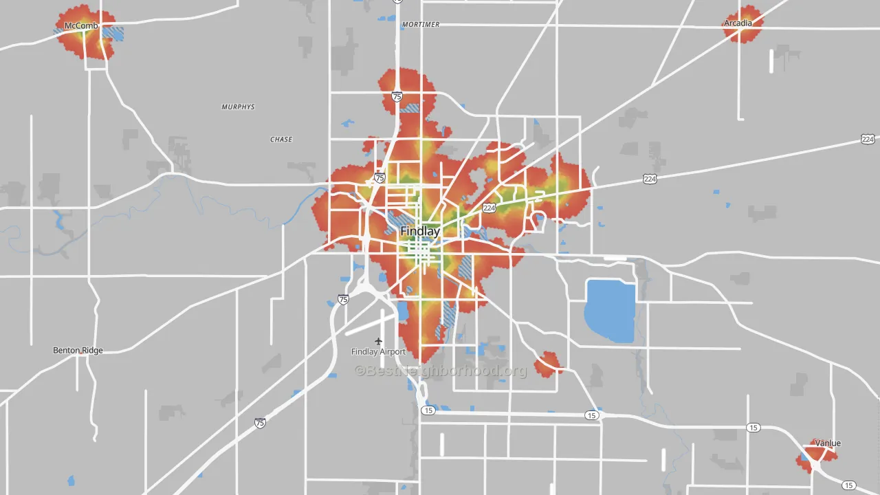 Walk Grade map of Hancock County, OH, walkable areas in green and car-dependent areas in red