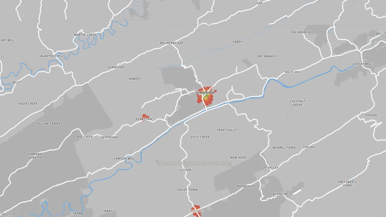 Walk Grade map of Hancock County, TN, walkable areas in green and car-dependent areas in red