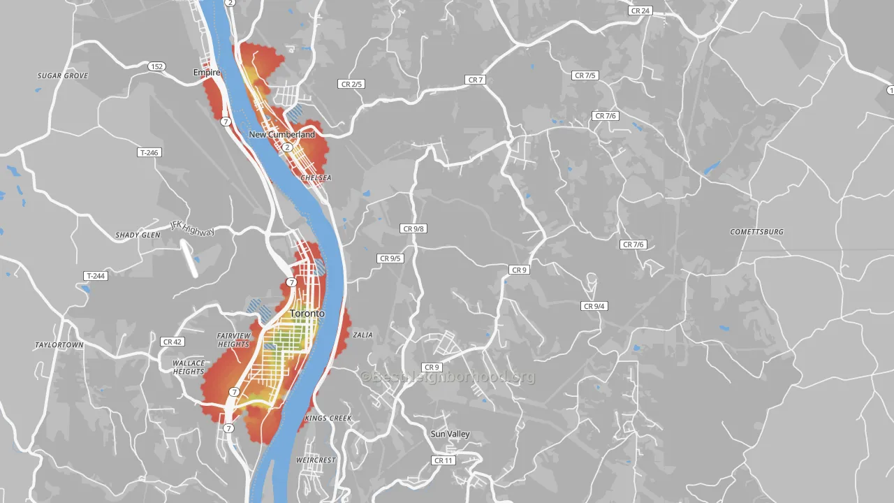Walk Grade map of Hancock County, WV, walkable areas in green and car-dependent areas in red