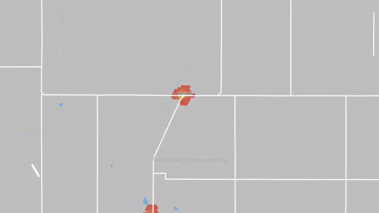 Walk Grade map of Hancock, IA, walkable areas in green and car-dependent areas in red
