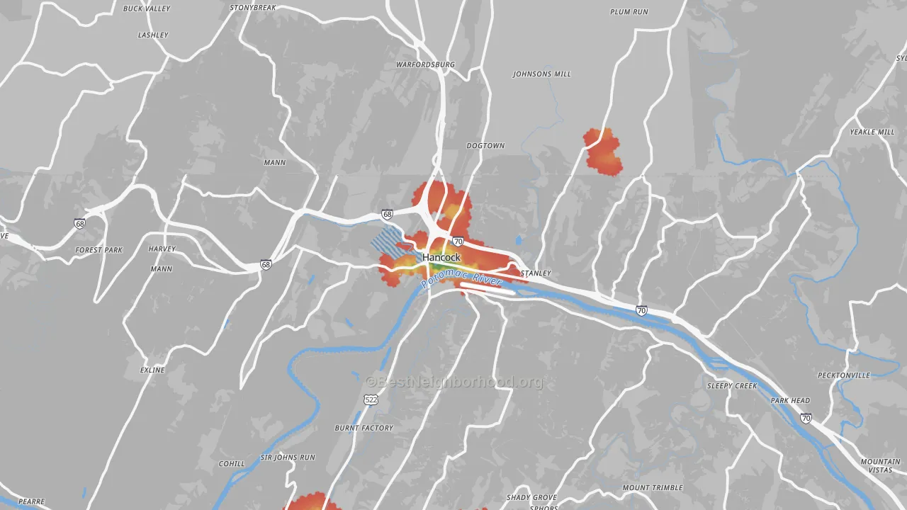 Walk Grade map of Hancock, MD, walkable areas in green and car-dependent areas in red