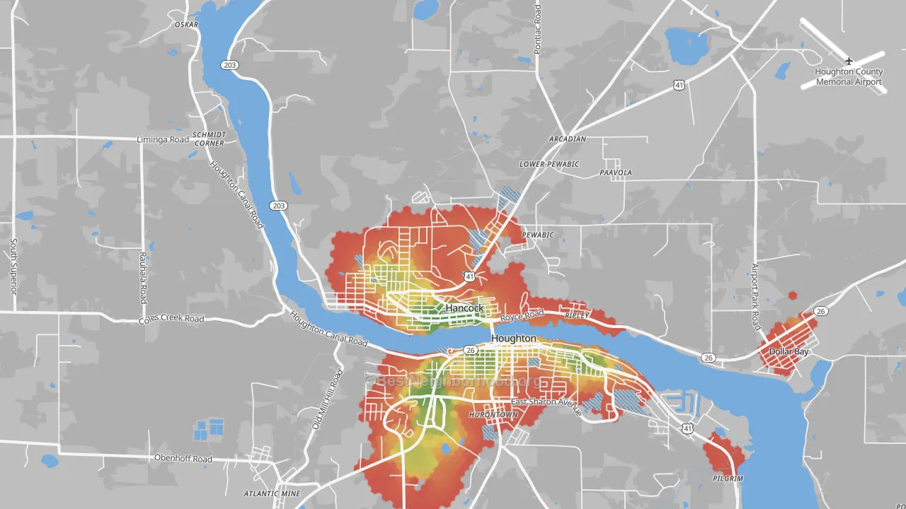 Walk Grade map of Hancock, MI, walkable areas in green and car-dependent areas in red