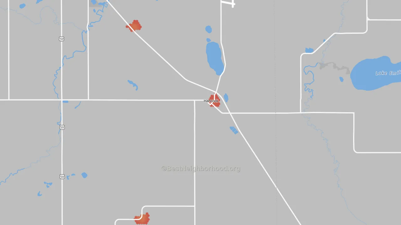 Walk Grade map of Hancock, MN, walkable areas in green and car-dependent areas in red