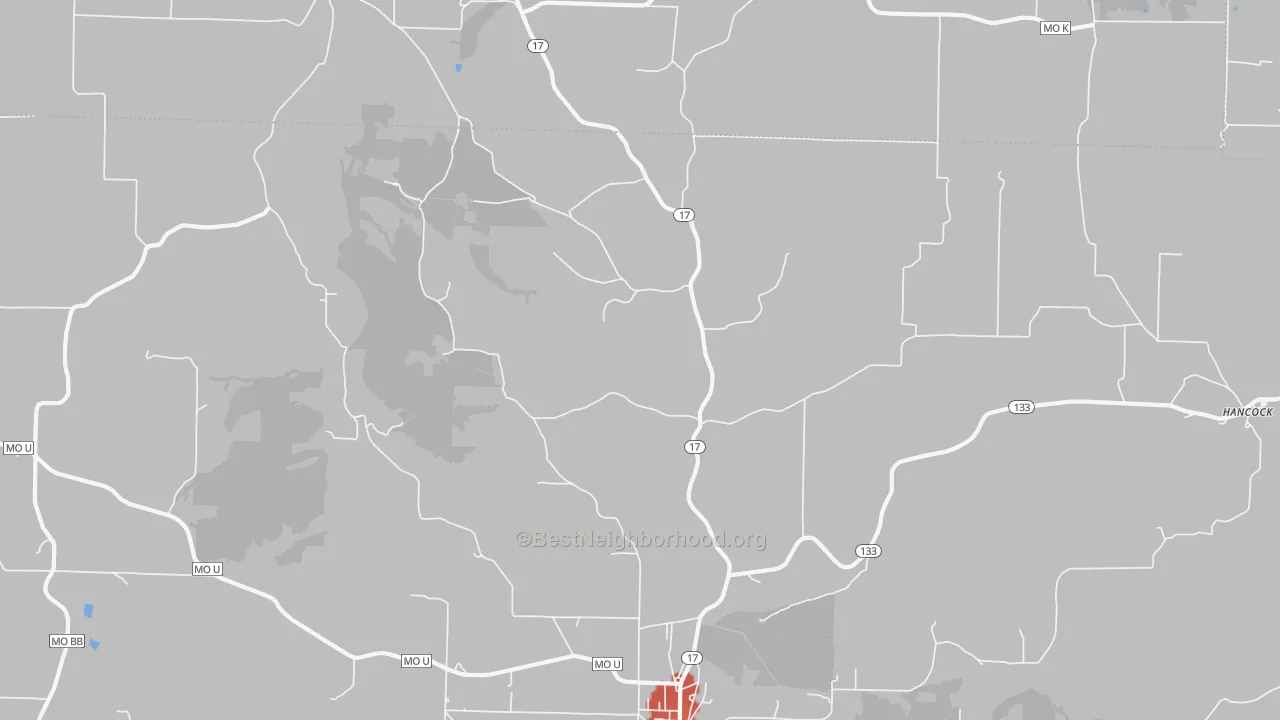 Walk Grade map of Hancock, MO, walkable areas in green and car-dependent areas in red