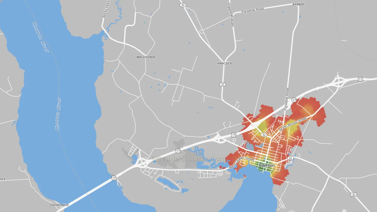 Walk Grade map of Hancock, NC, walkable areas in green and car-dependent areas in red