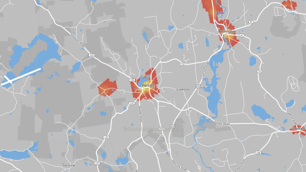 Walk Grade map of Hancock, NH, walkable areas in green and car-dependent areas in red