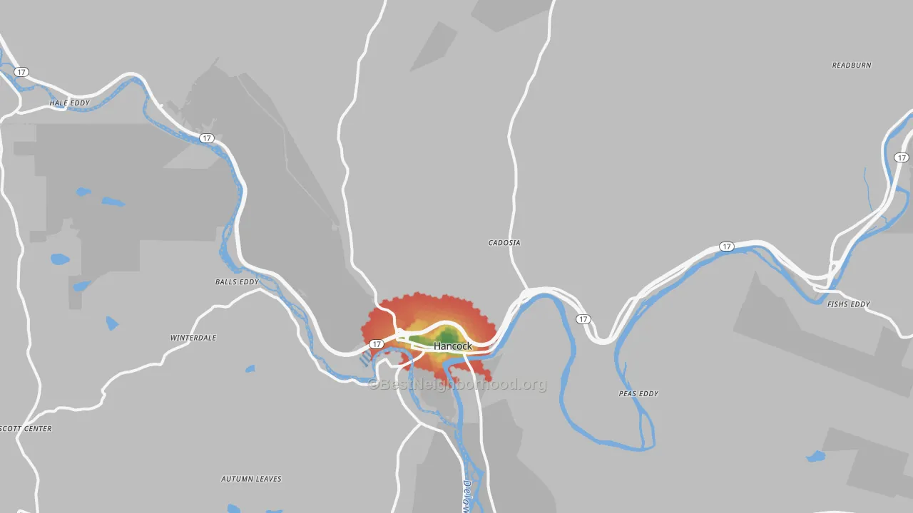 Walk Grade map of Hancock, NY, walkable areas in green and car-dependent areas in red
