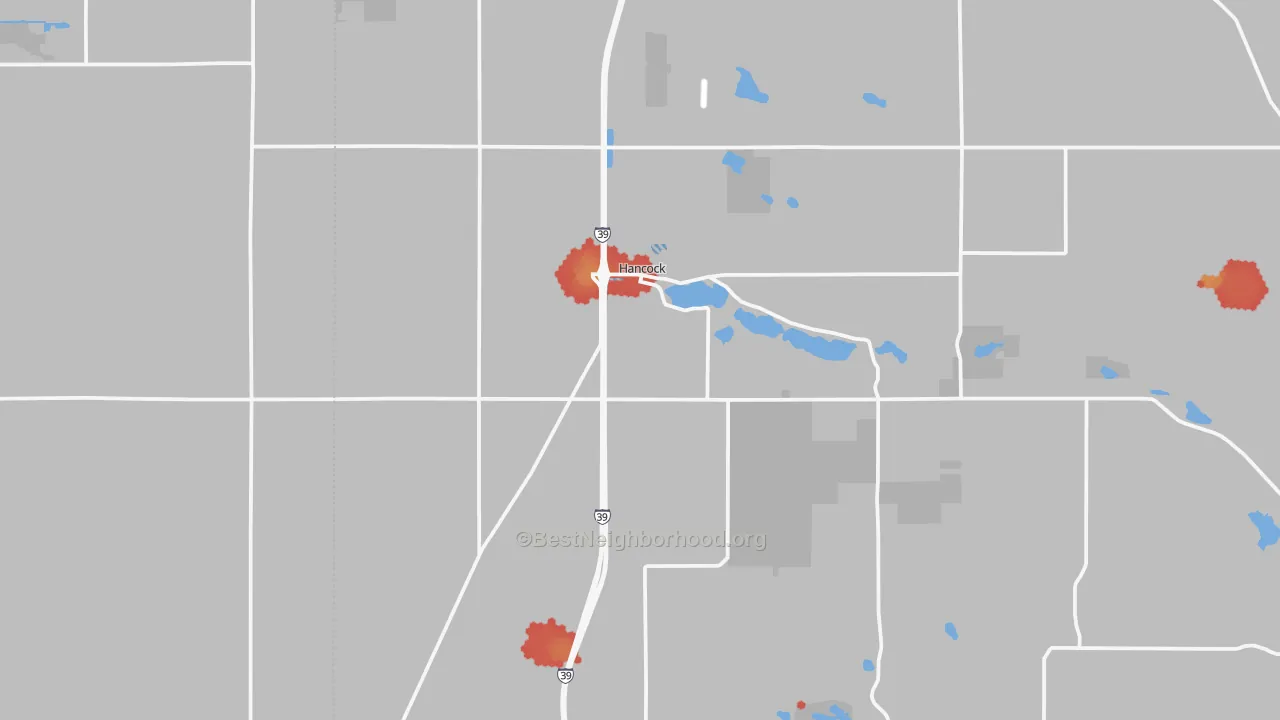 Walk Grade map of Hancock, WI, walkable areas in green and car-dependent areas in red