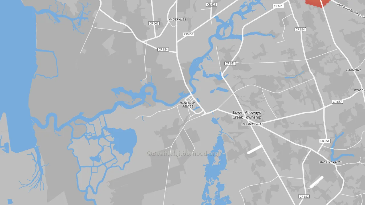 Walk Grade map of Hancocks Bridge, NJ, walkable areas in green and car-dependent areas in red