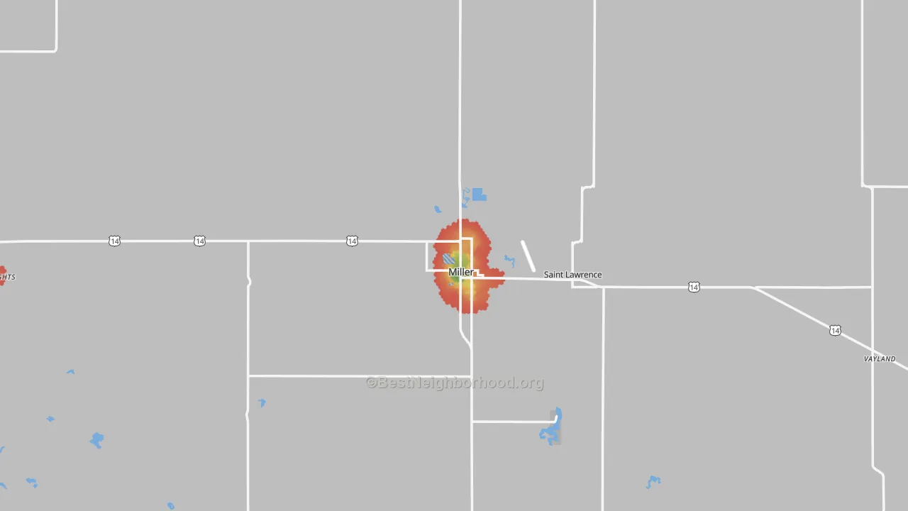 Walk Grade map of Hand County, SD, walkable areas in green and car-dependent areas in red