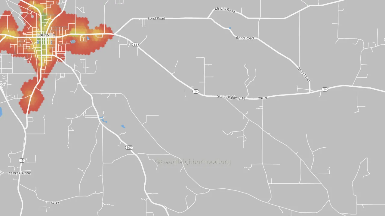 Walk Grade map of Handle, MS, walkable areas in green and car-dependent areas in red