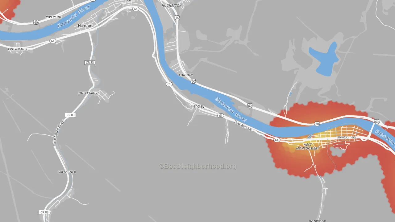 Walk Grade map of Handley, WV, walkable areas in green and car-dependent areas in red