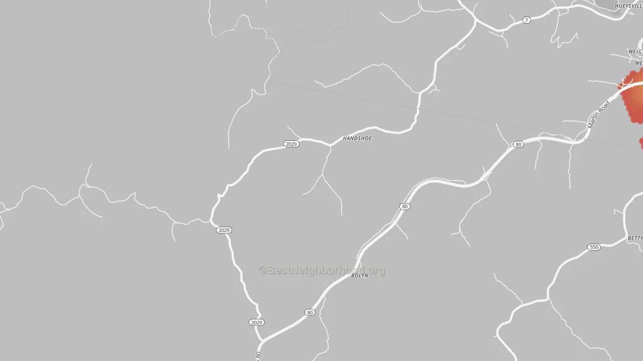 Walk Grade map of Handshoe, KY, walkable areas in green and car-dependent areas in red