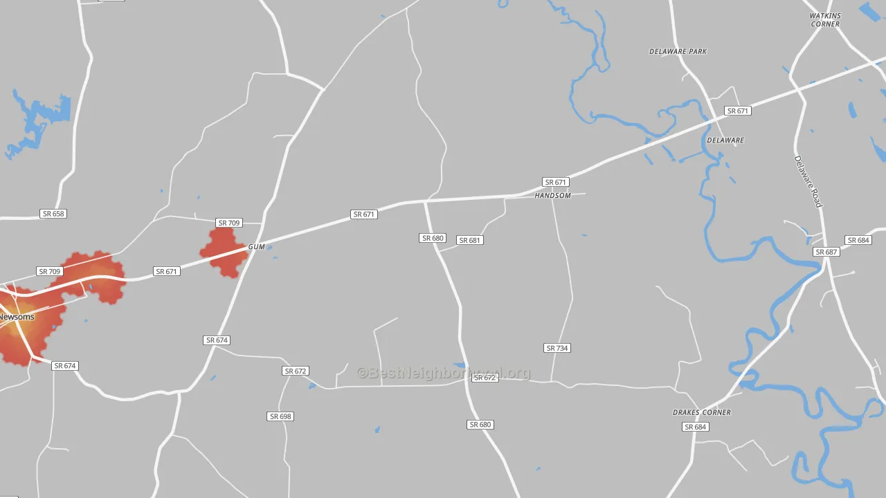 Walk Grade map of Handsom, VA, walkable areas in green and car-dependent areas in red