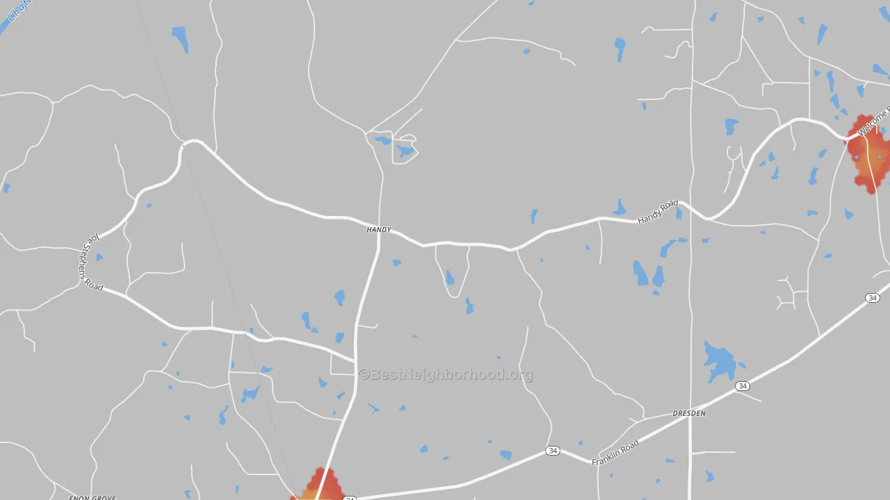 Walk Grade map of Handy, GA, walkable areas in green and car-dependent areas in red