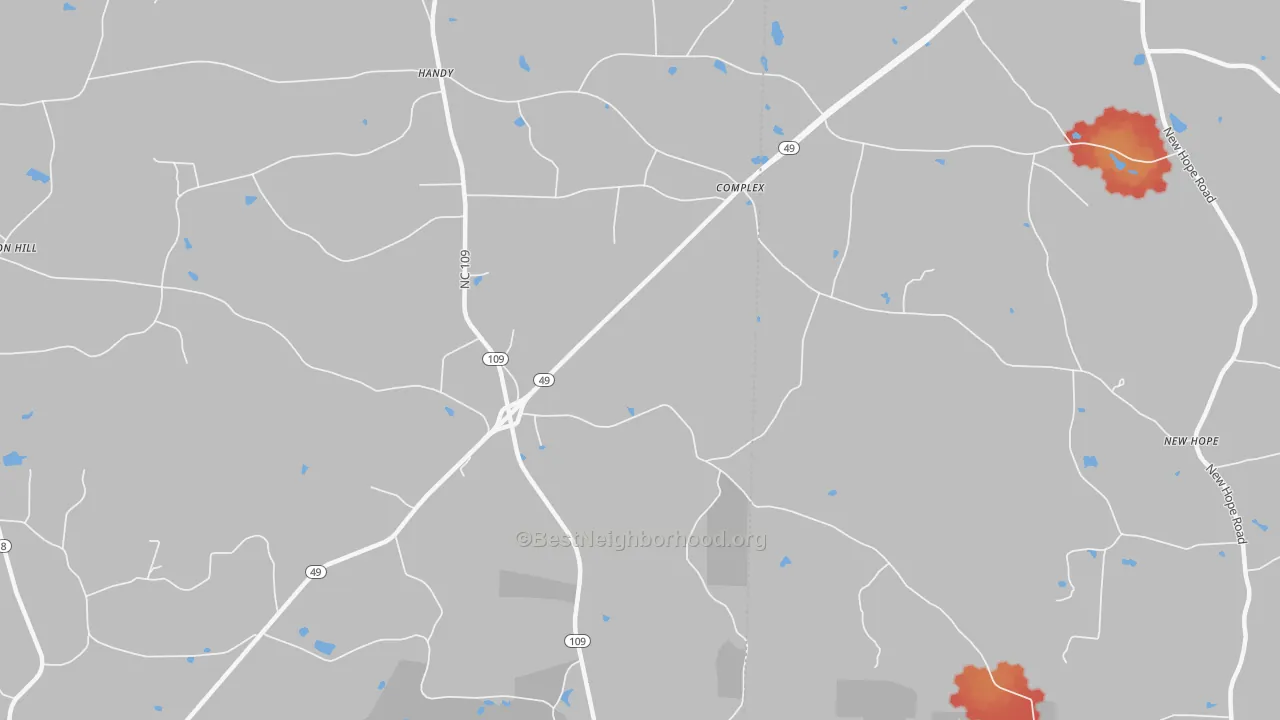 Walk Grade map of Handy, NC, walkable areas in green and car-dependent areas in red