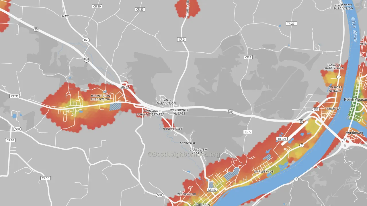 Walk Grade map of Hanersville, OH, walkable areas in green and car-dependent areas in red