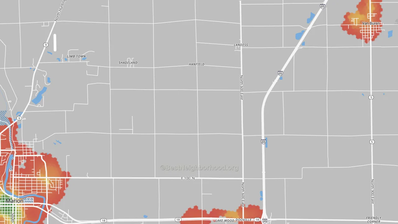 Walk Grade map of Hanfield, IN, walkable areas in green and car-dependent areas in red