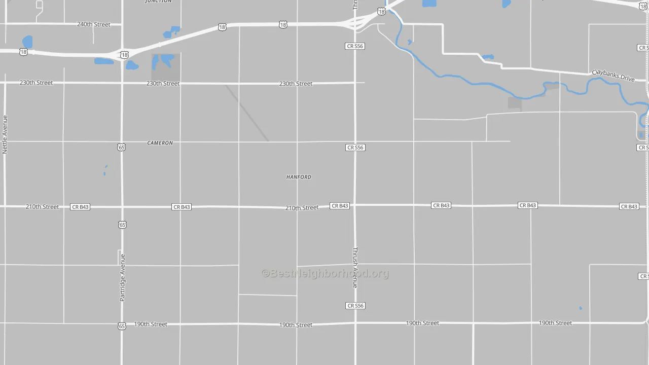 Walk Grade map of Hanford, IA, walkable areas in green and car-dependent areas in red
