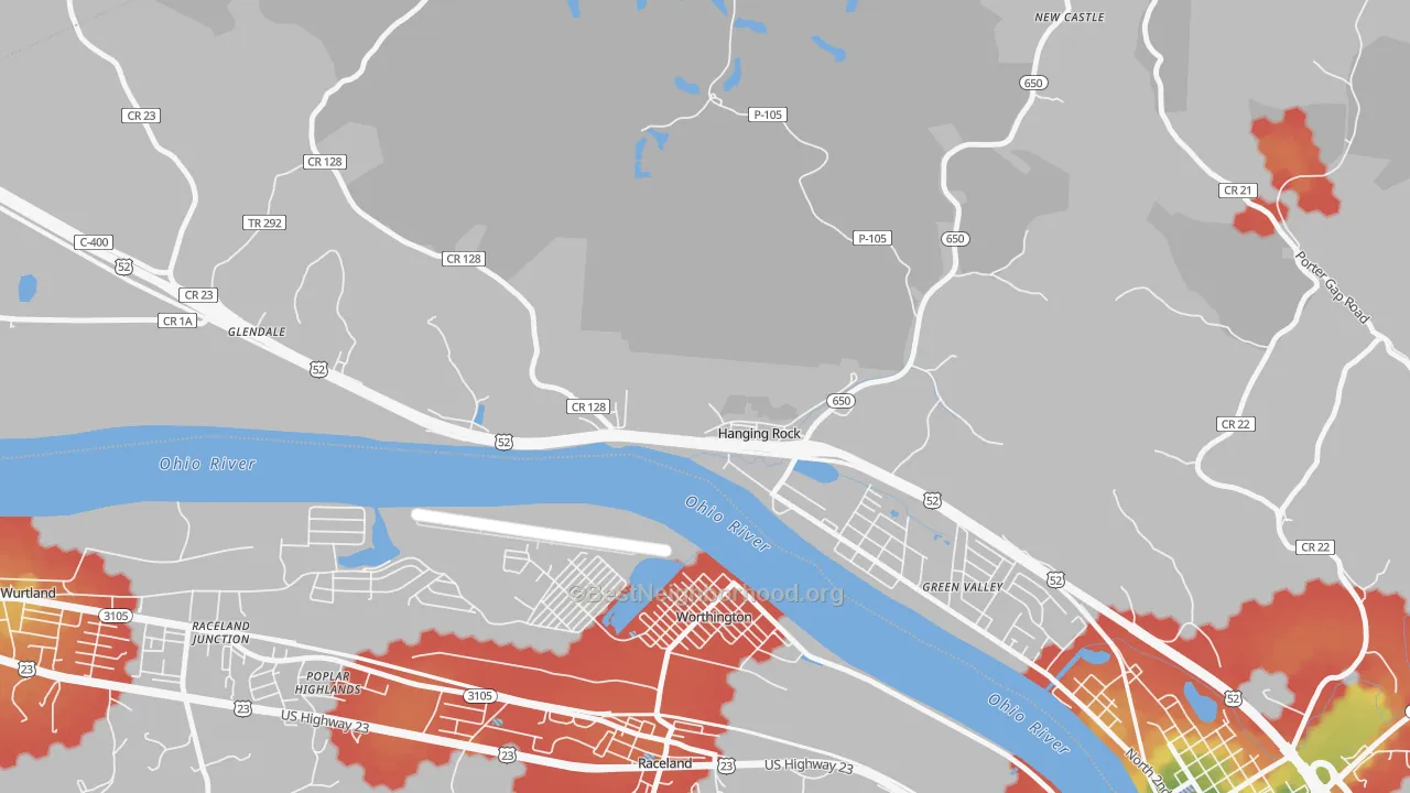 Walk Grade map of Hanging Rock, OH, walkable areas in green and car-dependent areas in red