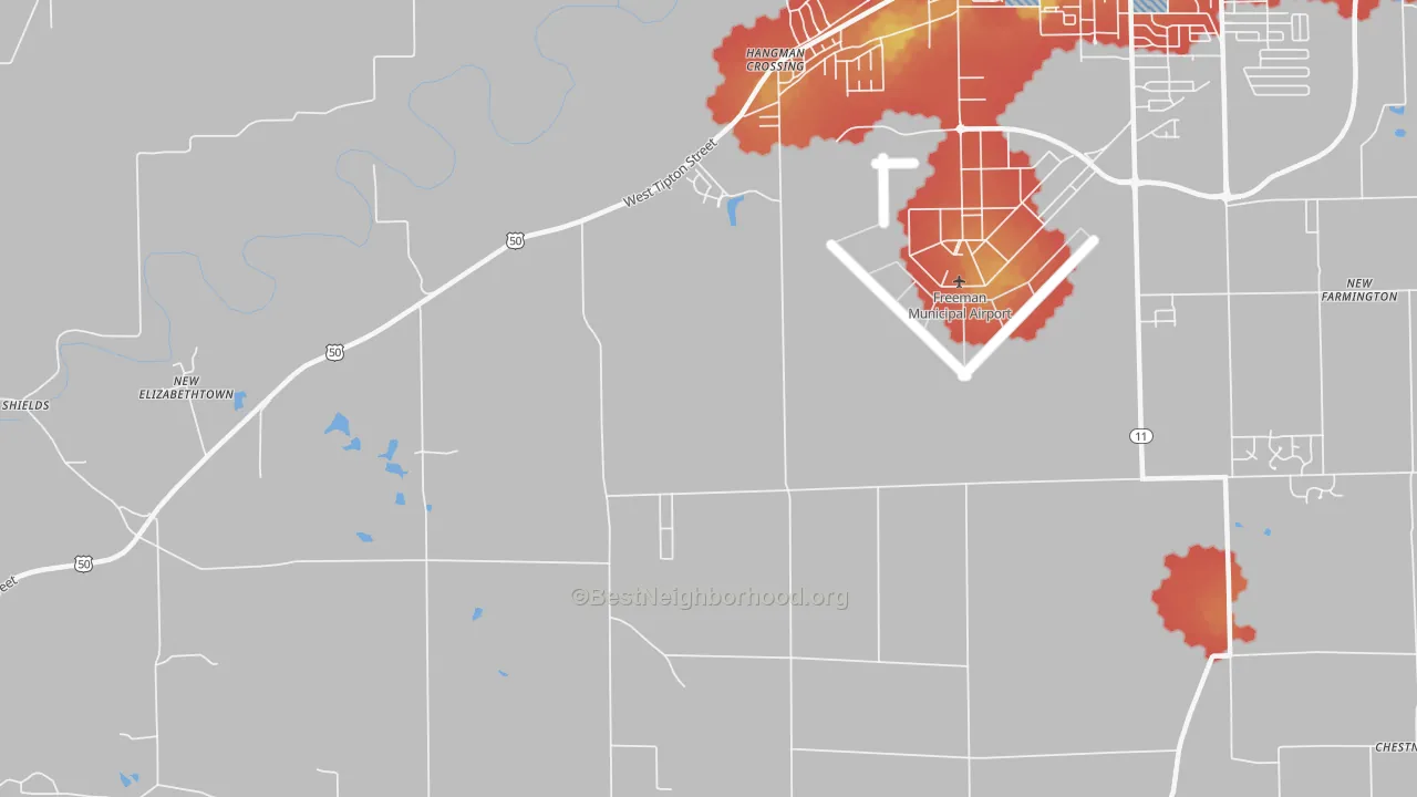 Walk Grade map of Hangman Crossing, IN, walkable areas in green and car-dependent areas in red