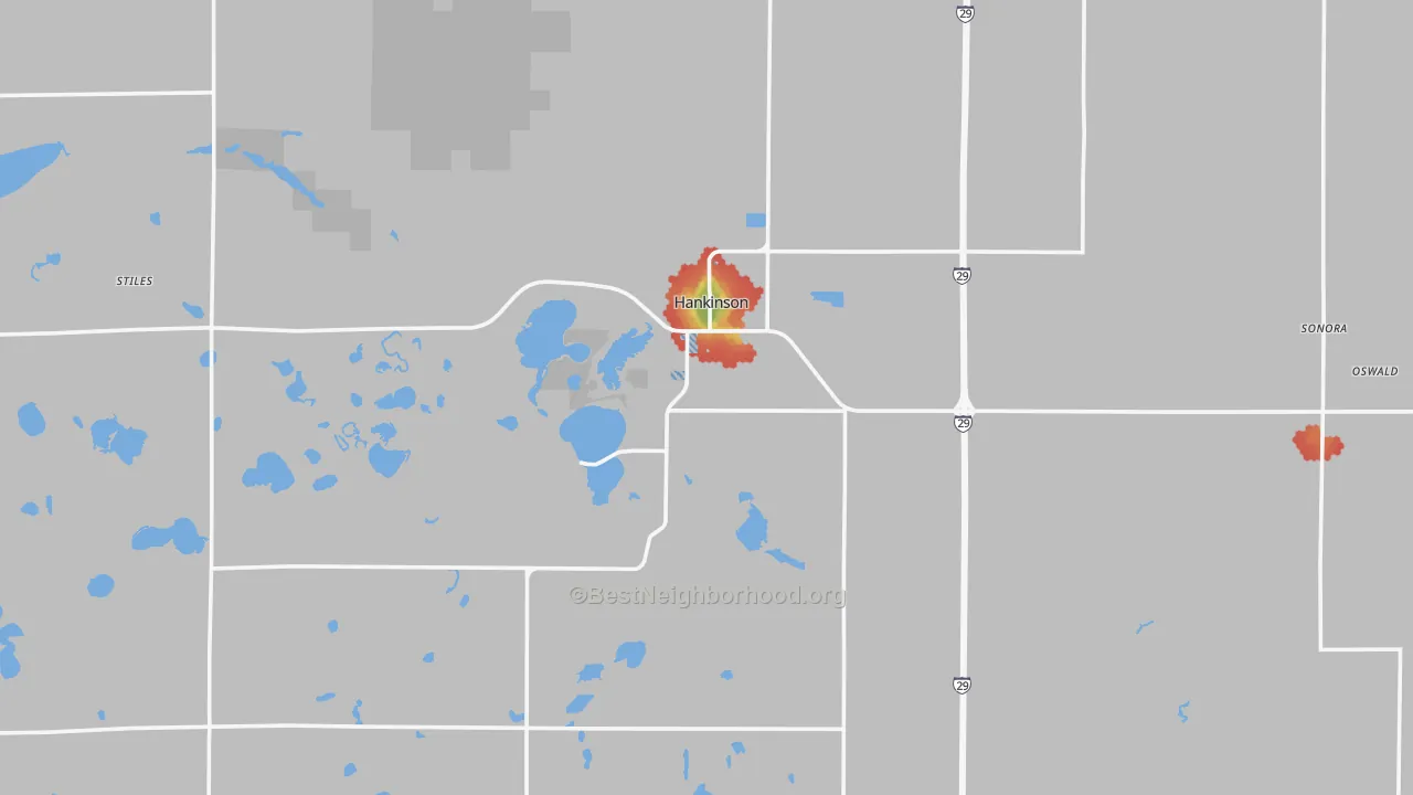 Walk Grade map of Hankinson, ND, walkable areas in green and car-dependent areas in red