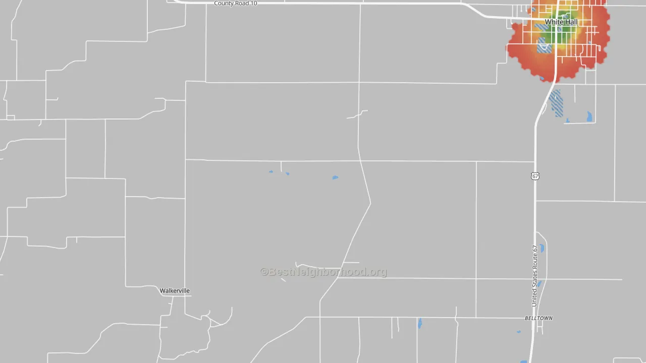 Walk Grade map of Hanks Station, IL, walkable areas in green and car-dependent areas in red