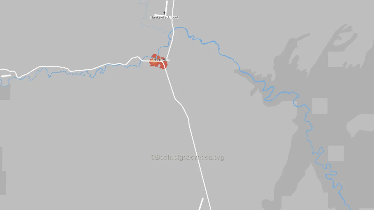 Walk Grade map of Hanksville, UT, walkable areas in green and car-dependent areas in red