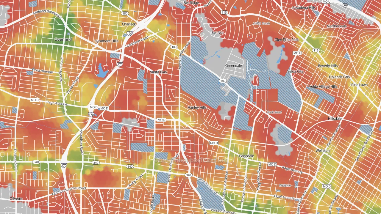 Walk Grade map of Hanley Hills, MO, walkable areas in green and car-dependent areas in red
