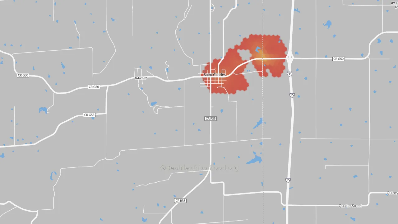Walk Grade map of Hanley, IA, walkable areas in green and car-dependent areas in red