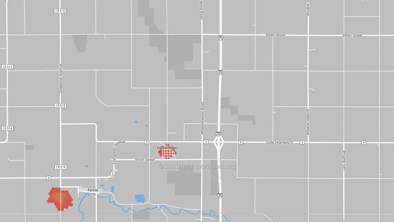Walk Grade map of Hanlontown, IA, walkable areas in green and car-dependent areas in red