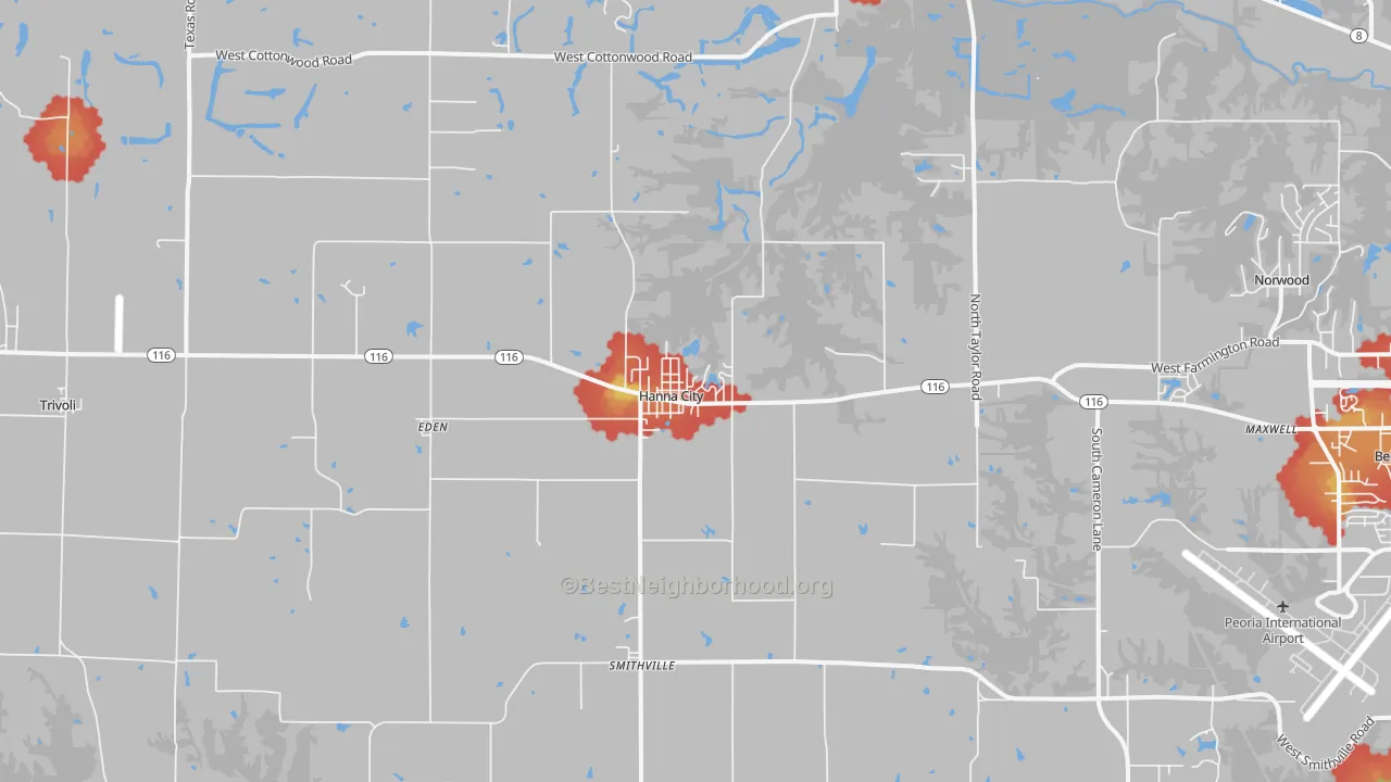 Walk Grade map of Hanna City, IL, walkable areas in green and car-dependent areas in red