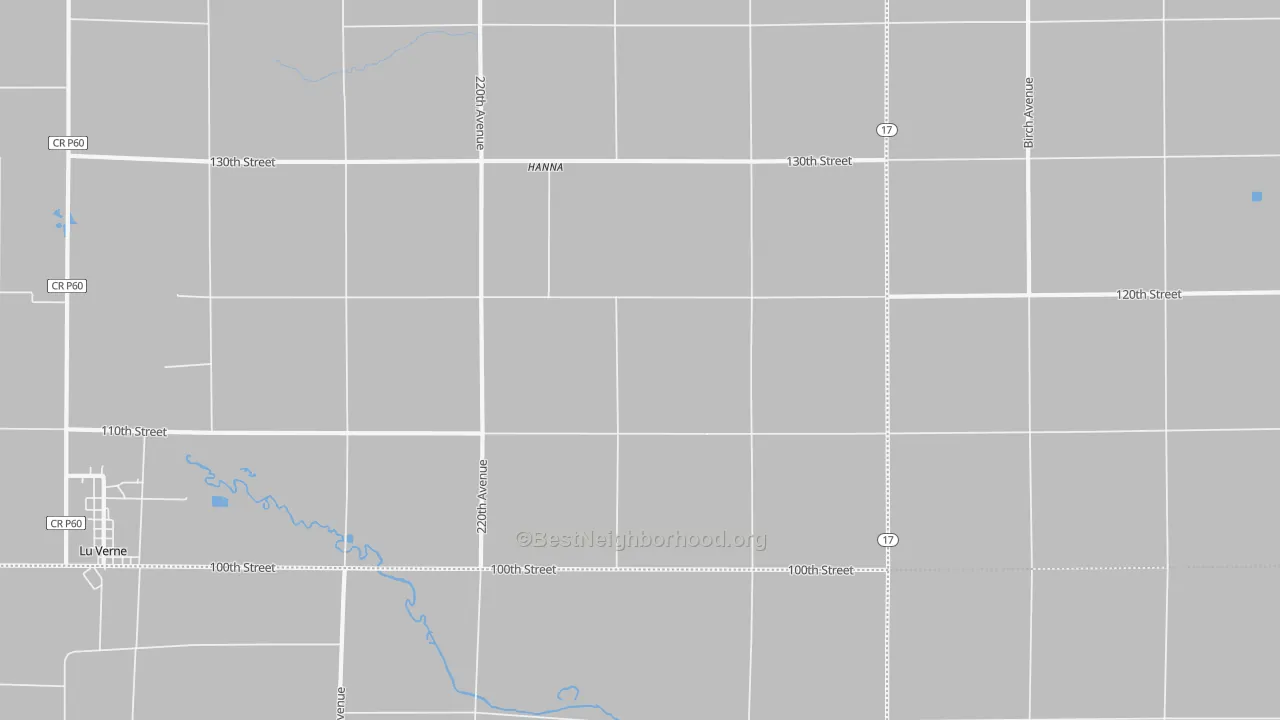 Walk Grade map of Hanna, IA, walkable areas in green and car-dependent areas in red
