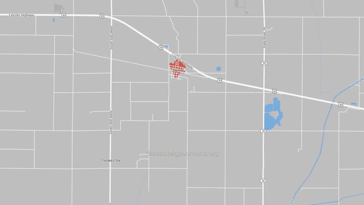 Walk Grade map of Hanna, IN, walkable areas in green and car-dependent areas in red