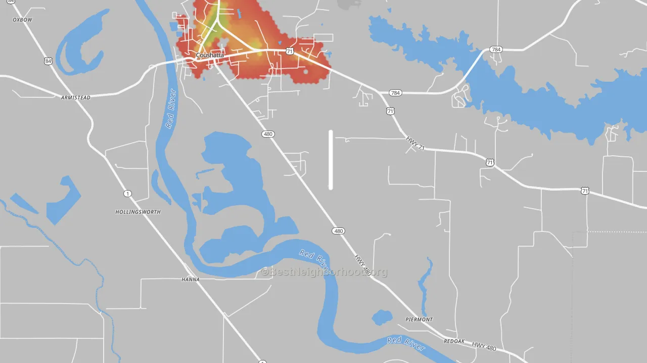 Walk Grade map of Hanna, LA, walkable areas in green and car-dependent areas in red