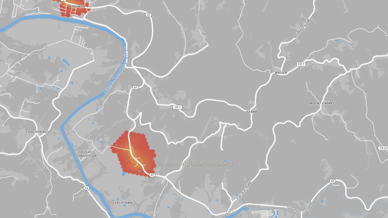 Walk Grade map of Hanna, WV, walkable areas in green and car-dependent areas in red