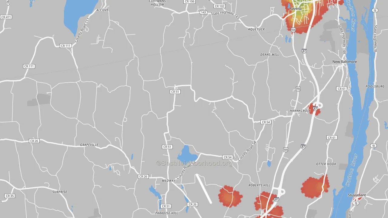 Walk Grade map of Hannacroix, NY, walkable areas in green and car-dependent areas in red