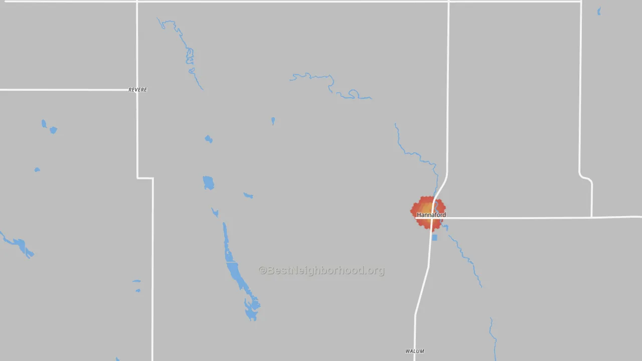 Walk Grade map of Hannaford, ND, walkable areas in green and car-dependent areas in red