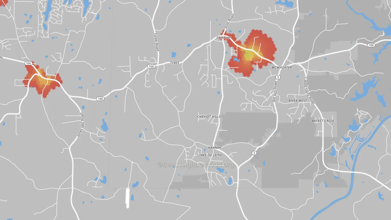 Walk Grade map of Hannah, GA, walkable areas in green and car-dependent areas in red