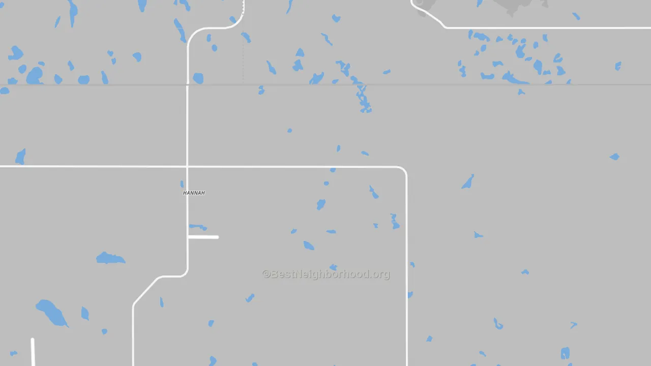 Walk Grade map of Hannah, ND, walkable areas in green and car-dependent areas in red